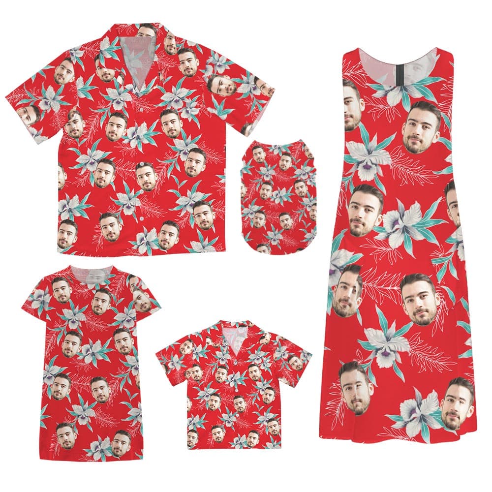 Personalized Red Matching Aloha Shirt And Dress For Family
