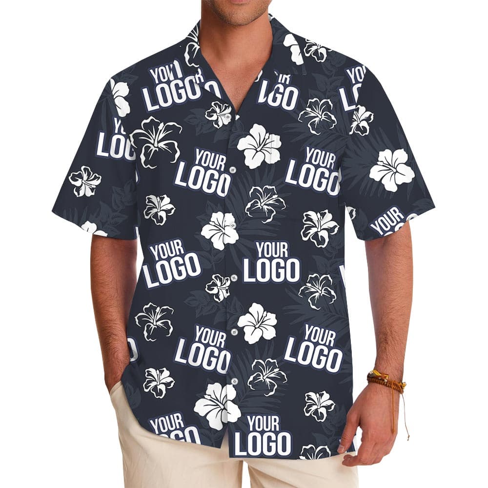 Personalized Team Logo Floral Navy Hawaiian Shirt