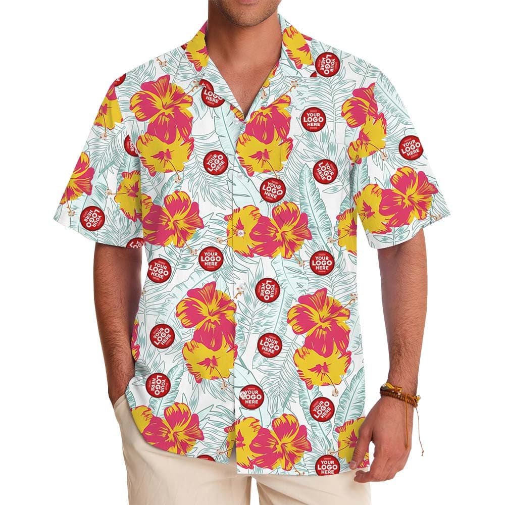 Pink And Yellow Hibiscus Custom Logo Hawaiian Shirt