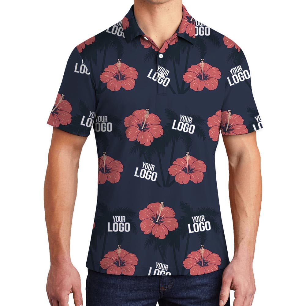 Pink Hibiscus Navy Hawaiian Polo Custom Logo With Preview