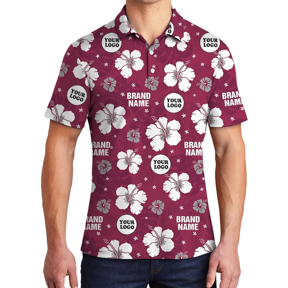 Pink Personalized Logo Hibiscus Hawaiian Polo Shirt for both men and women