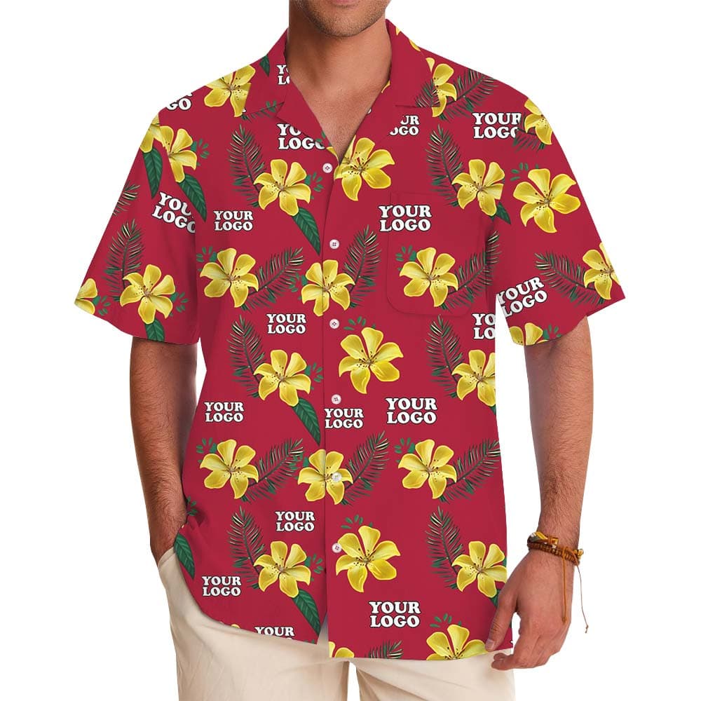 Red And Yellow Floral Hawaiian Shirt With Logo On Them