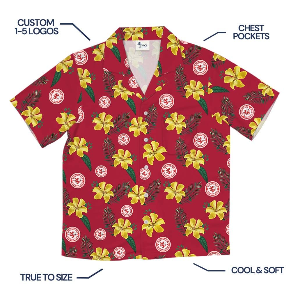Red And Yellow Floral Hawaiian Shirt With Logo On Them