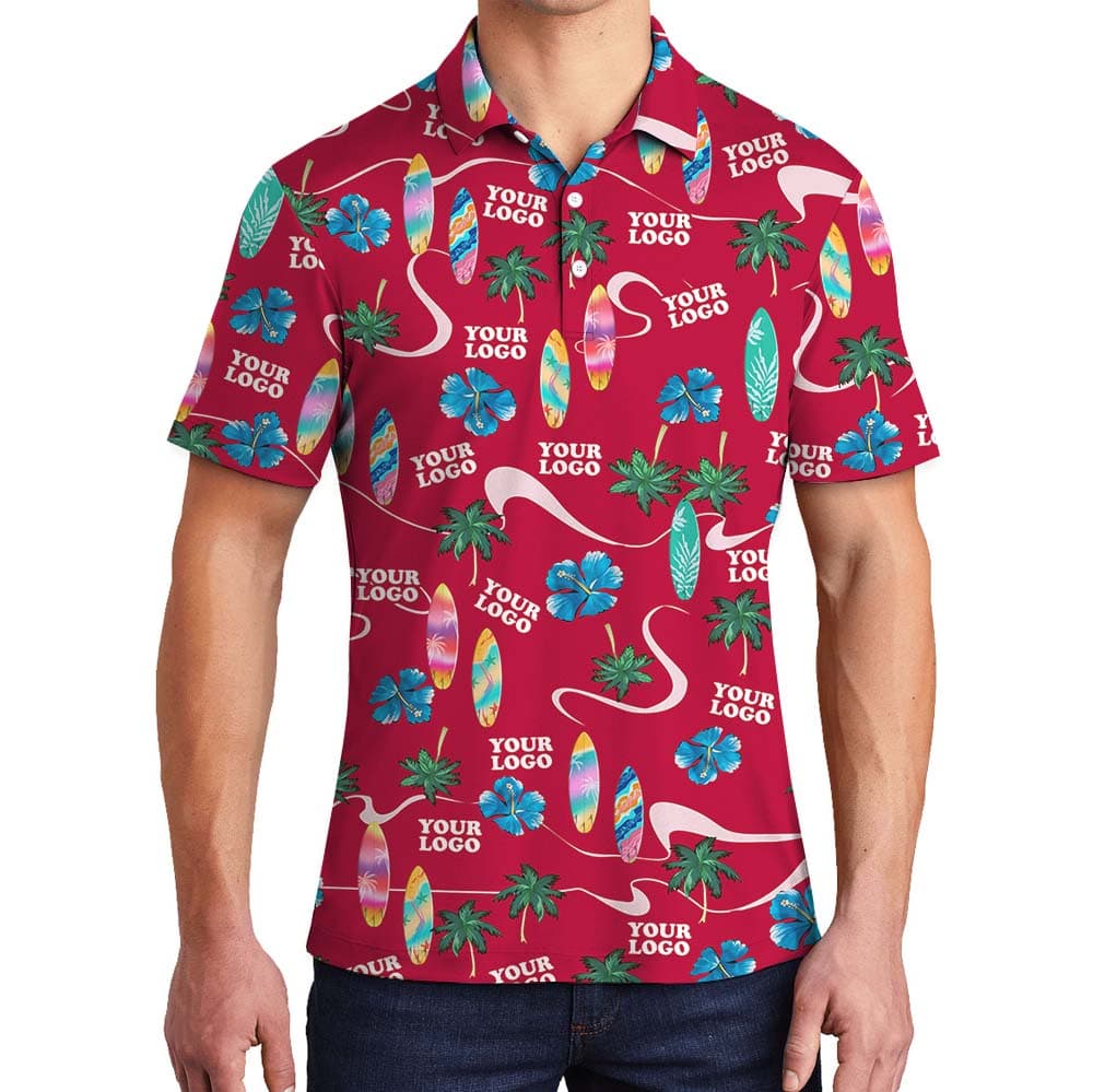 Red Beach Theme Polo Shirt With Logos