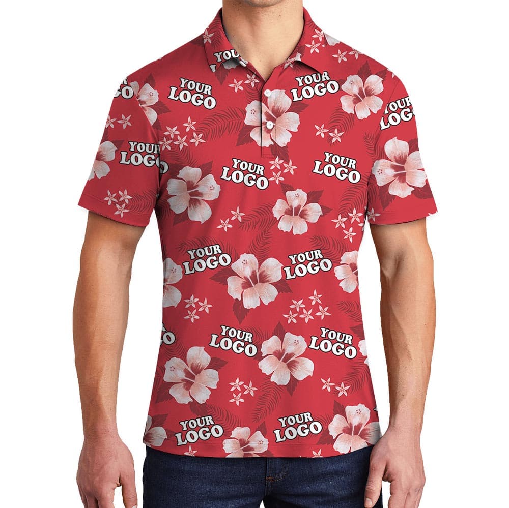 Red Hibiscus Hawaiian Polo Shirt With Custom Logo and get a preview prior to production