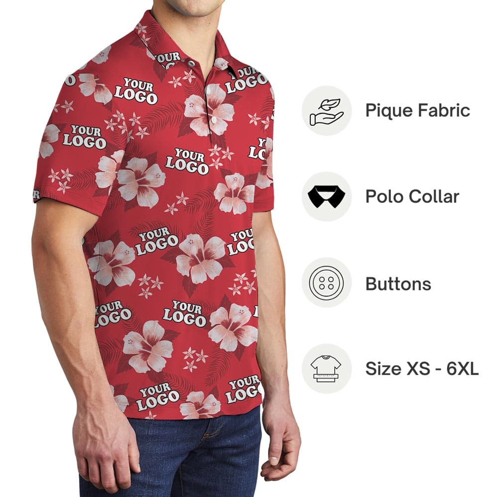 Red Hibiscus Hawaiian Polo Shirt With Custom Logo (3)