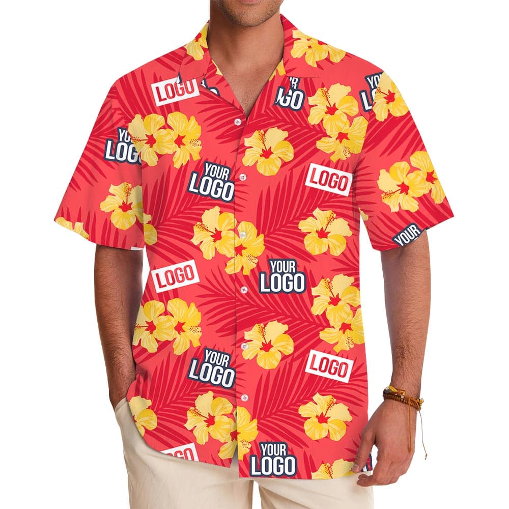 Team Logo Red Hawaiian Shirt With Hibiscus