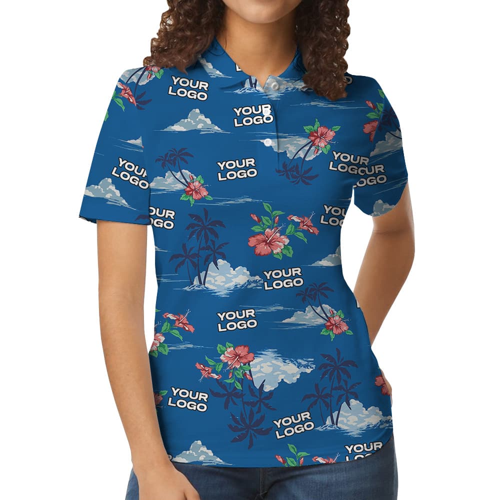 Tropical Blue Hawaiian Polo Shirt With Custom Logo