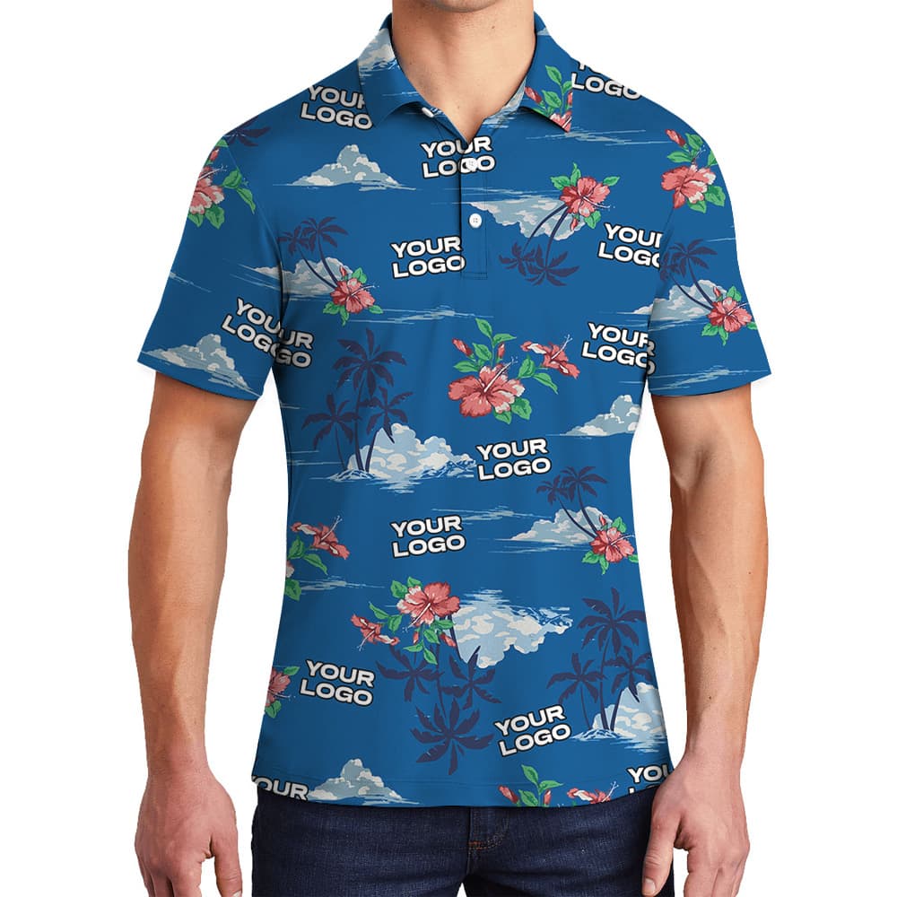 Tropical Blue Hawaiian Polo Shirt With Custom Logo4