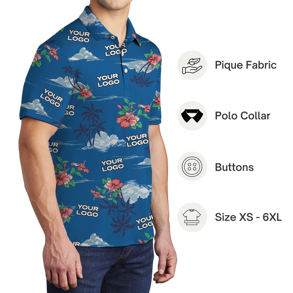 Tropical Blue Hawaiian Polo Shirt With Custom Logo