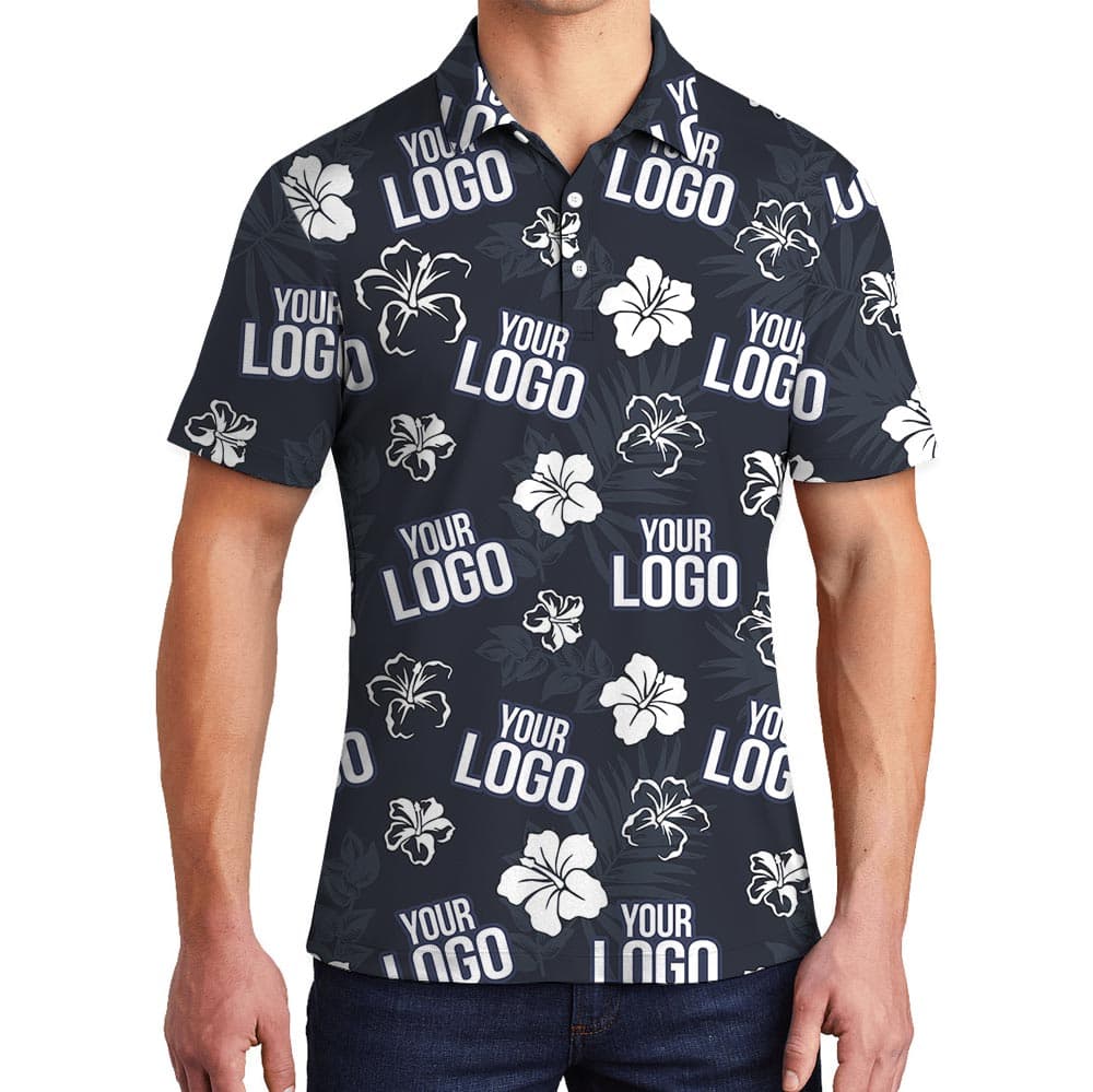 Unique Custom Logo Navy Hibiscus Collared Polo Shirt