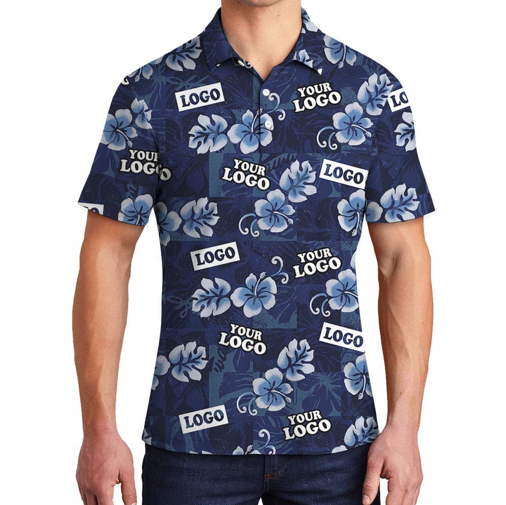 Vintage Navy Hibiscus Custom Logo Polo Shirt For Company