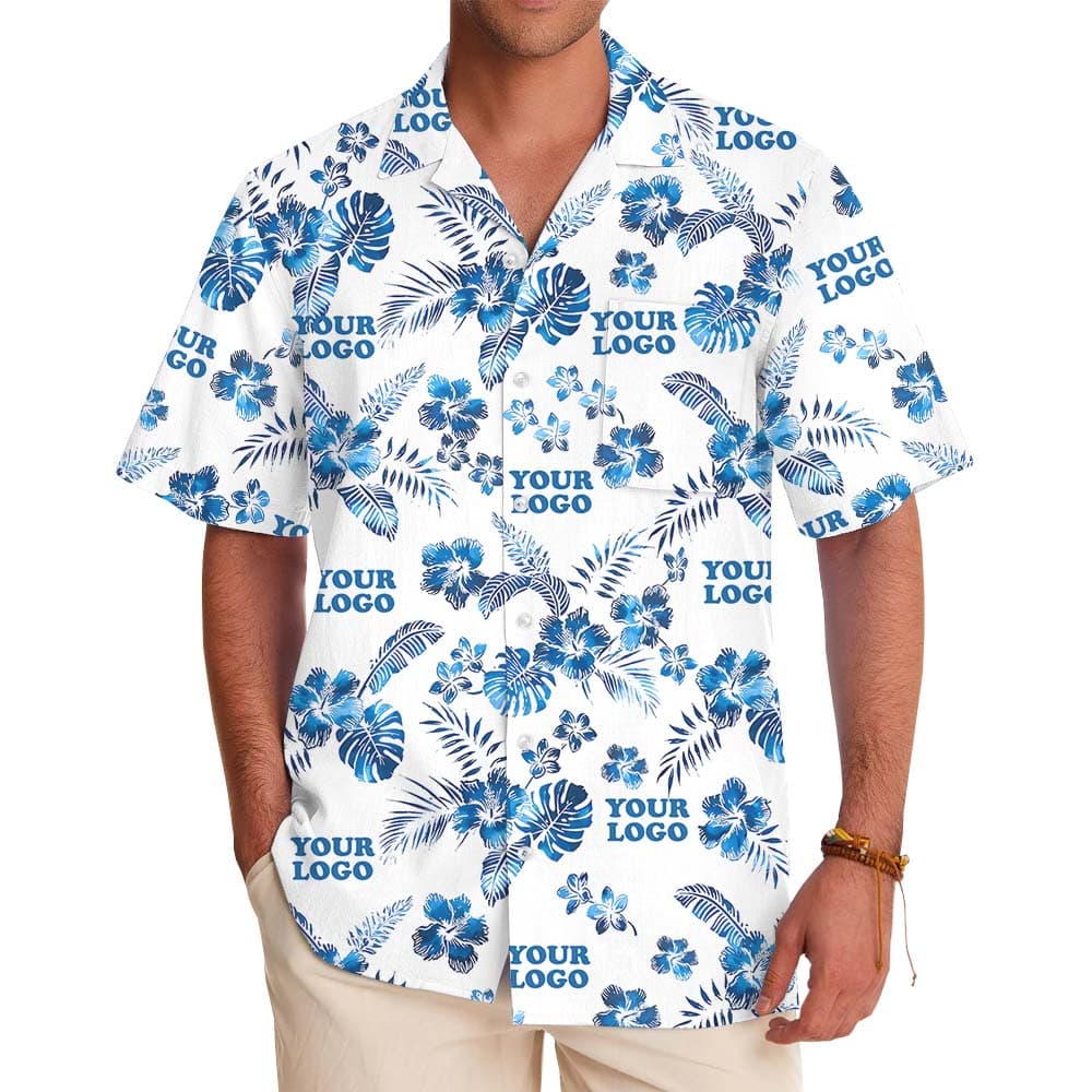 White And Blue Custom Logo Hawaiian Shirt With Preview