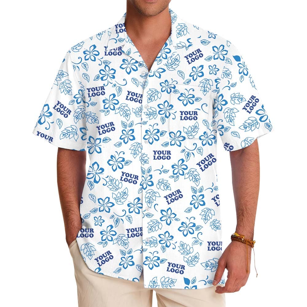 White And Blue Floral Hawaiian Shirt With Logo