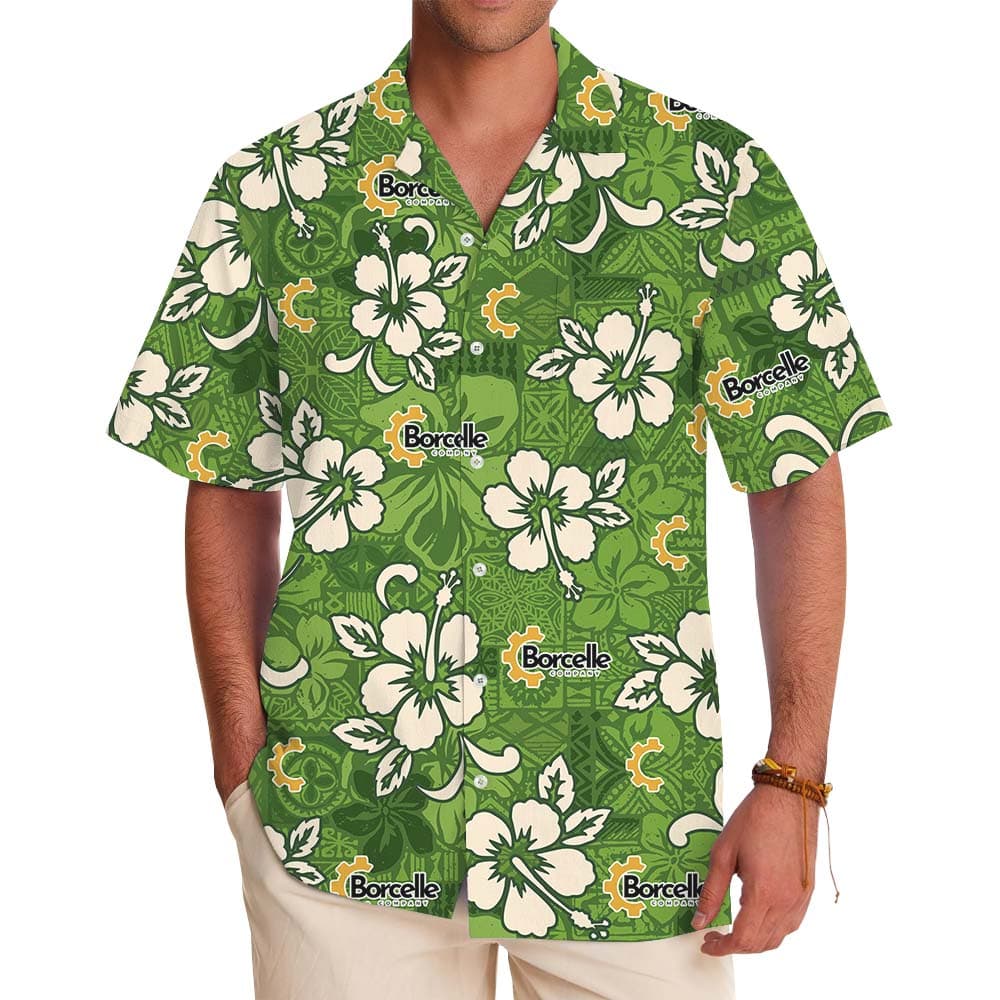 White And Green Hibiscus Hawaiian Shirt With Logo