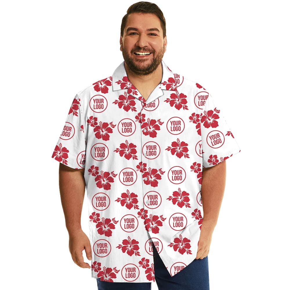 White And Red Hibiscus Button Up Shirt With Custom Logo