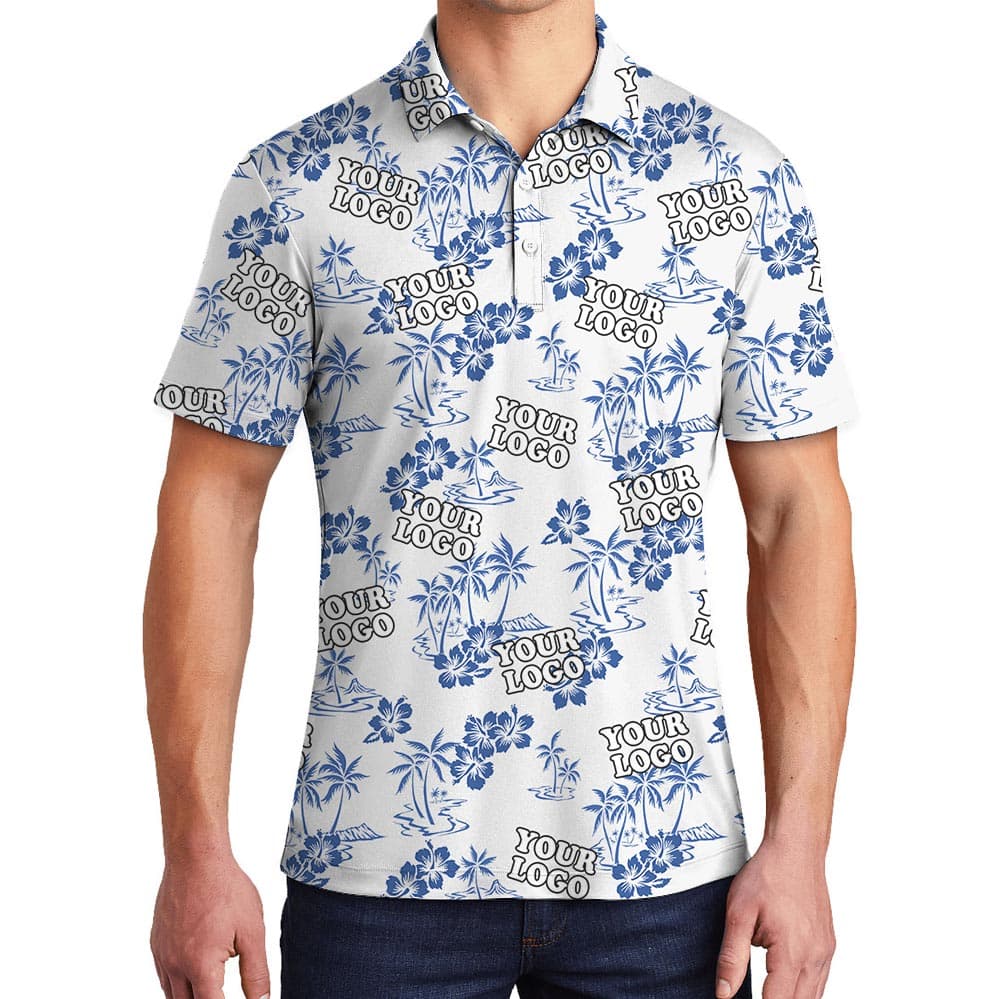 White Floral Custom Logo Hawaiian Golf Polo Shirt