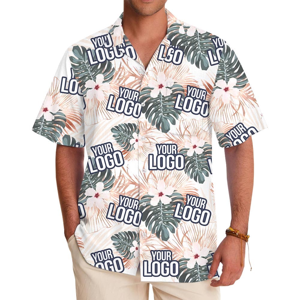 White Tropical Button Shirt With Custom Logo