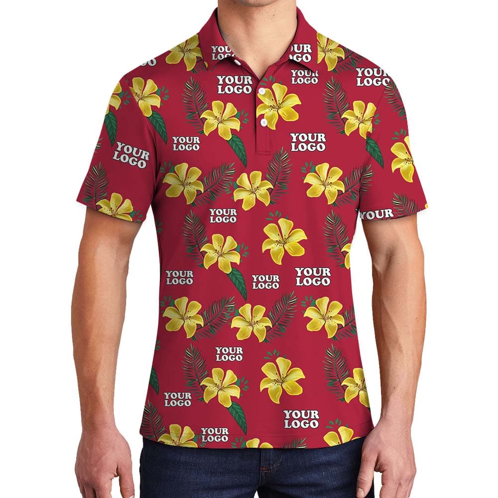 Yellow And Red Floral Custom Logo Collared Polo Shirt