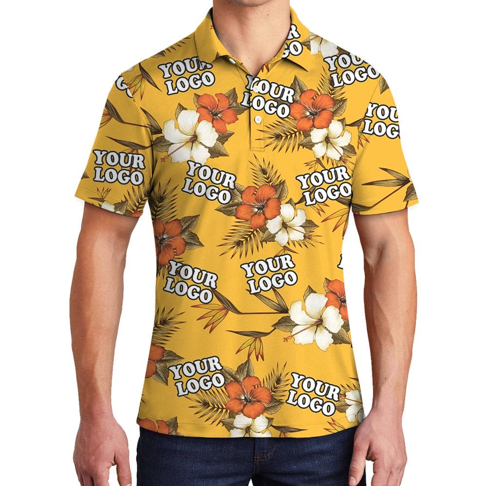 Yellow Tropical Custom Team Logo Hawaiian Golf Polo