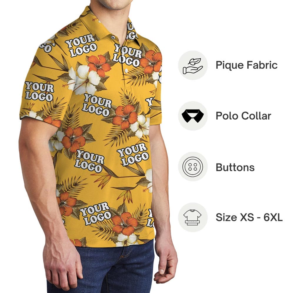 Yellow Tropical Custom Team Logo Hawaiian Golf Polo