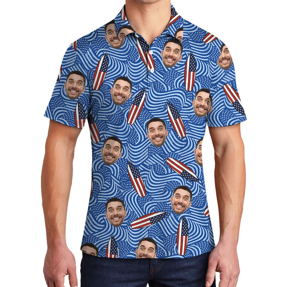 American Flag Blue Surfing Polo Shirt With Custom Logo1