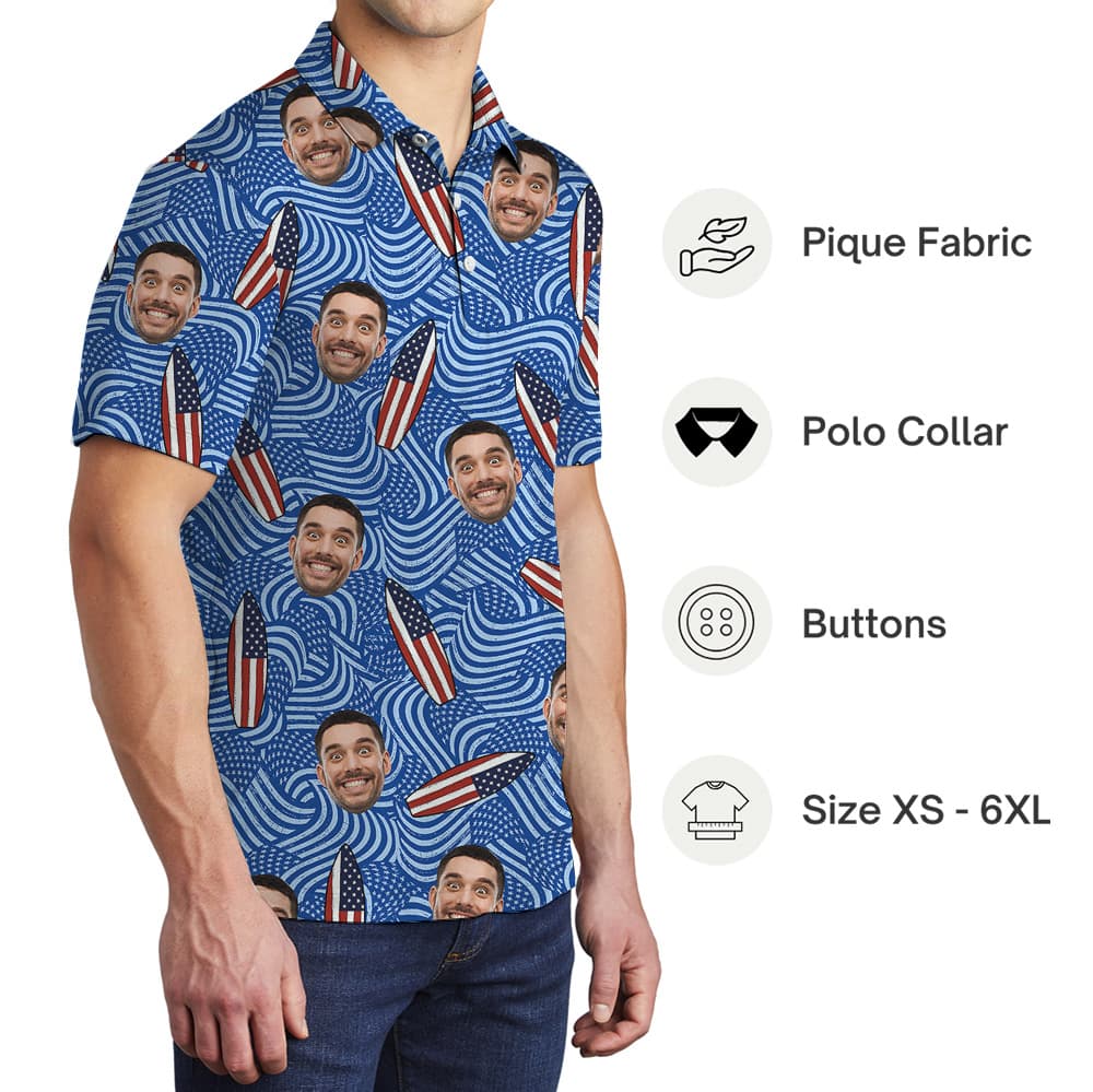 American Flag Blue Surfing Polo Shirt With Custom Logo