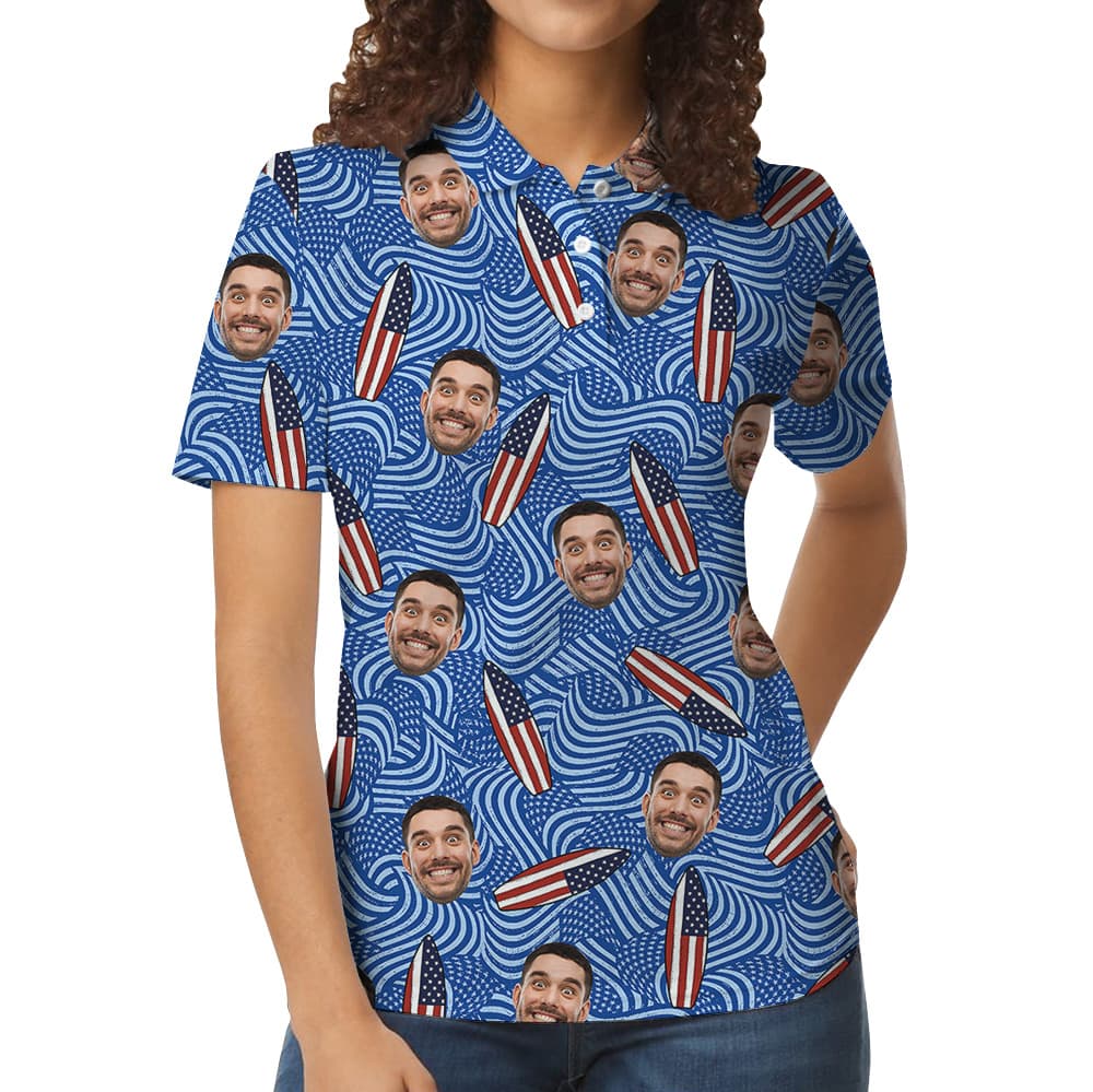 American Flag Blue Surfing Polo Shirt With Custom Logo