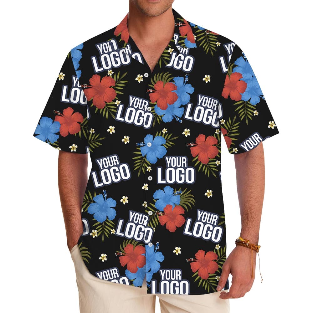 Black Floral Custom Aloha Shirts With Company Logo with preview