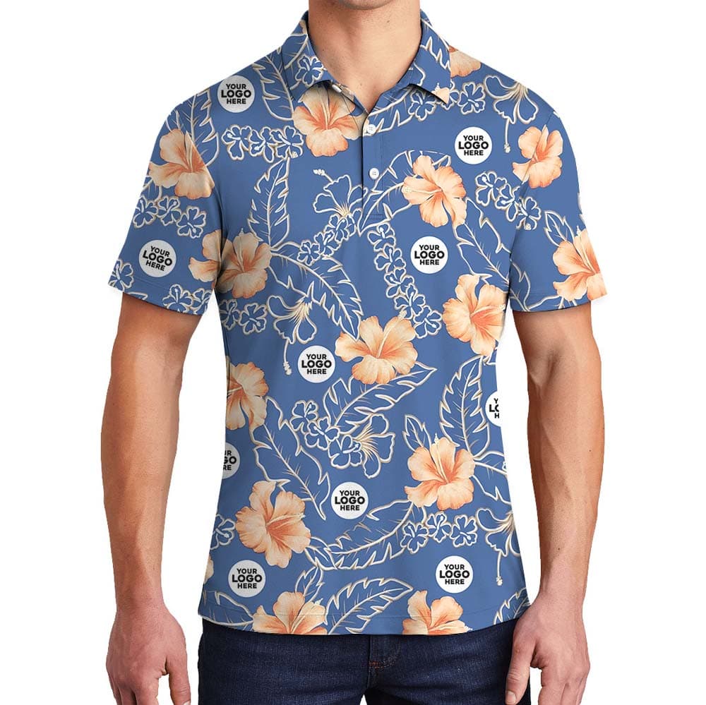 Blue Floral Collared Polo Golf Shirt With Custom Logo