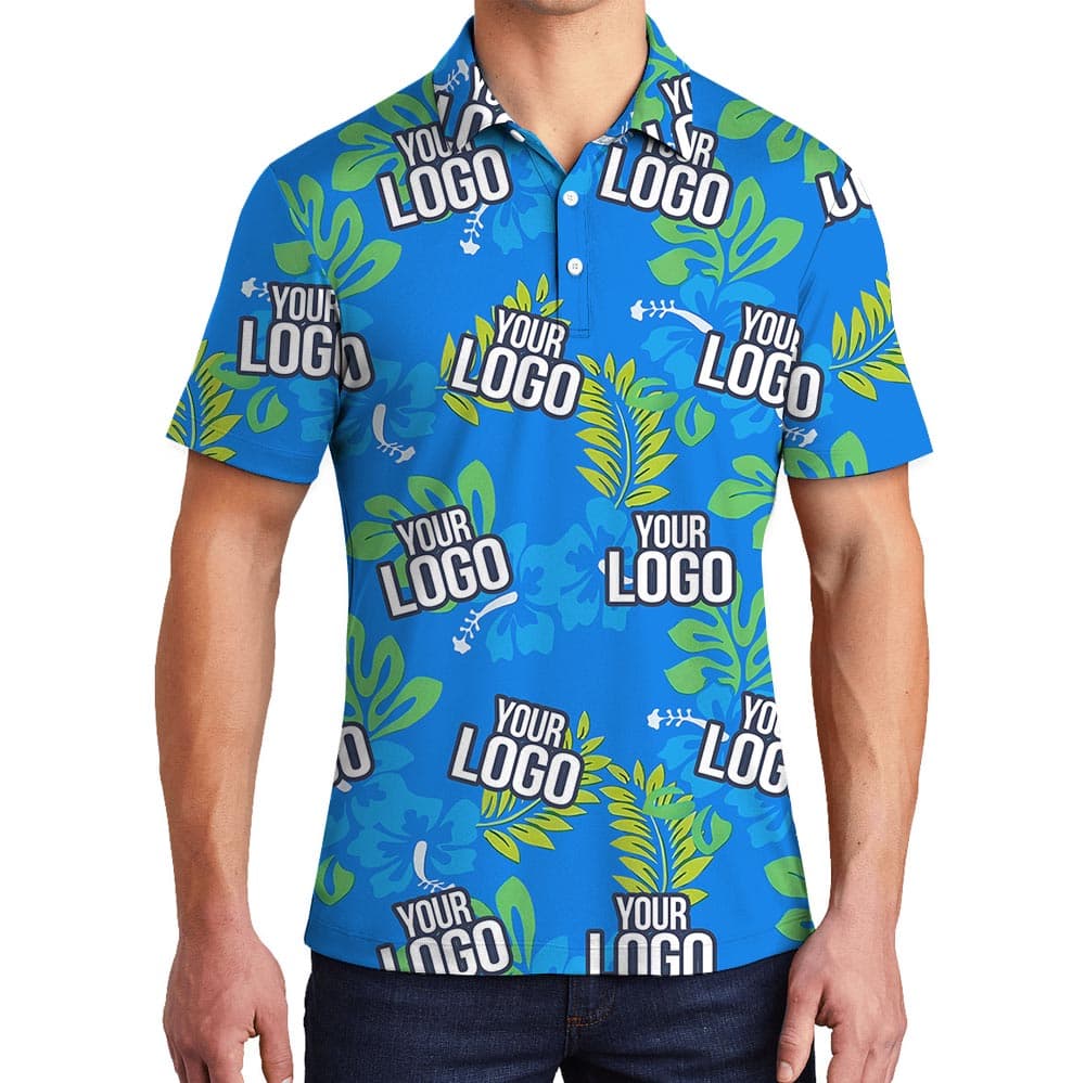 Blue Tropical Leaves Custom Logo Golf Polo Shirt