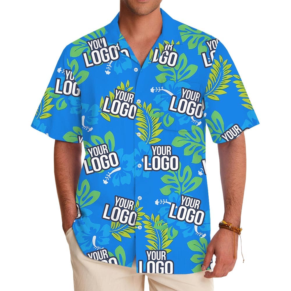 Blue Tropical Leaves Hawaiian Shirt Custom Company Logo