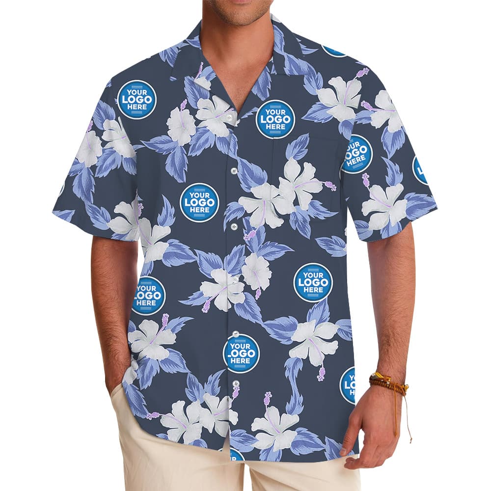 Bulk Custom Company Logo Navy Floral Hawaiian Shirt