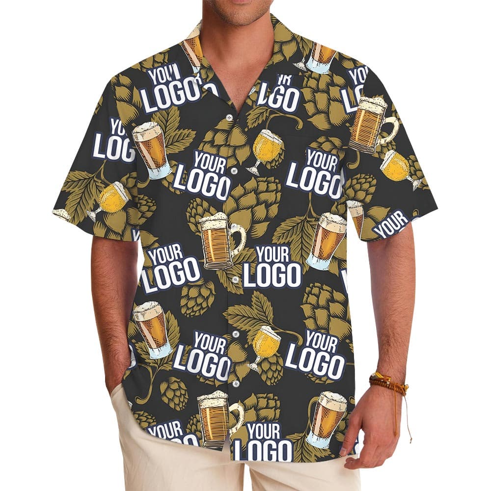 Custom Beer Flowers Black Hawaiian Shirt With Many Logos