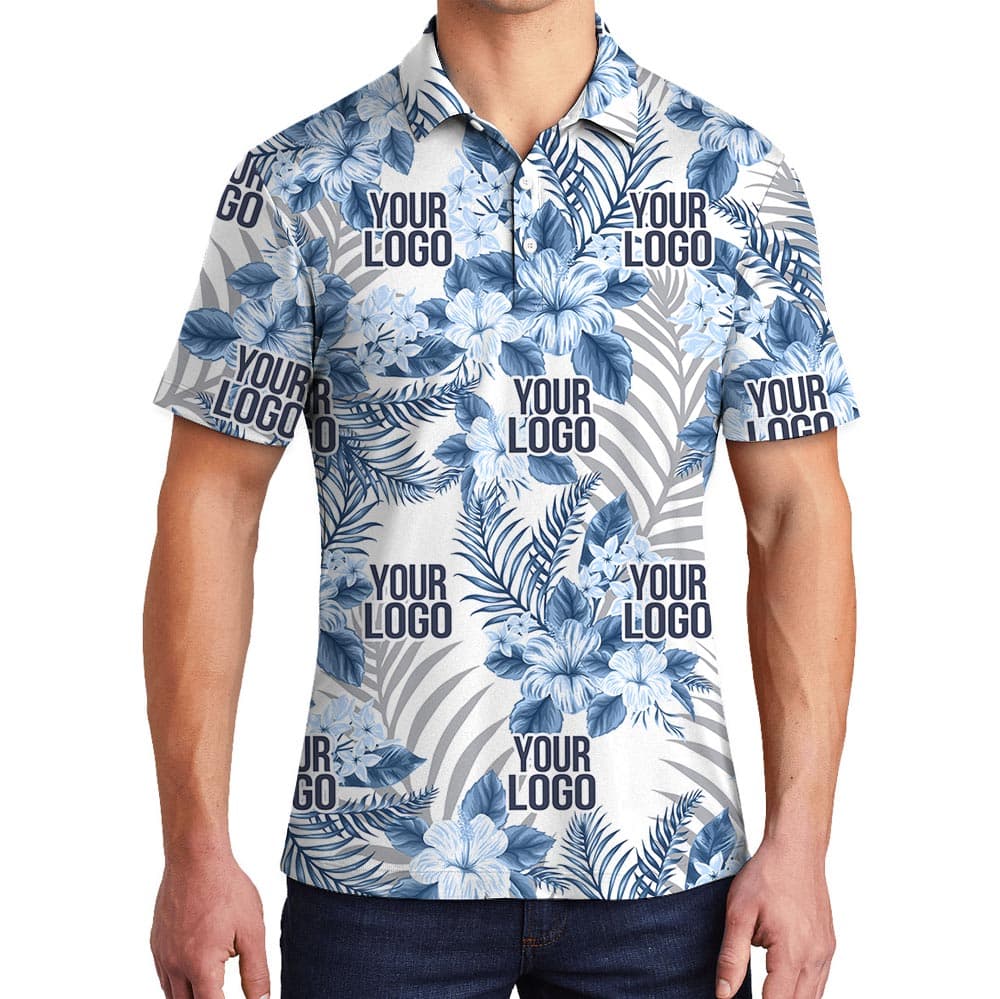 Custom Company Logo Blue Hibiscus White Tropical Polo Shirt