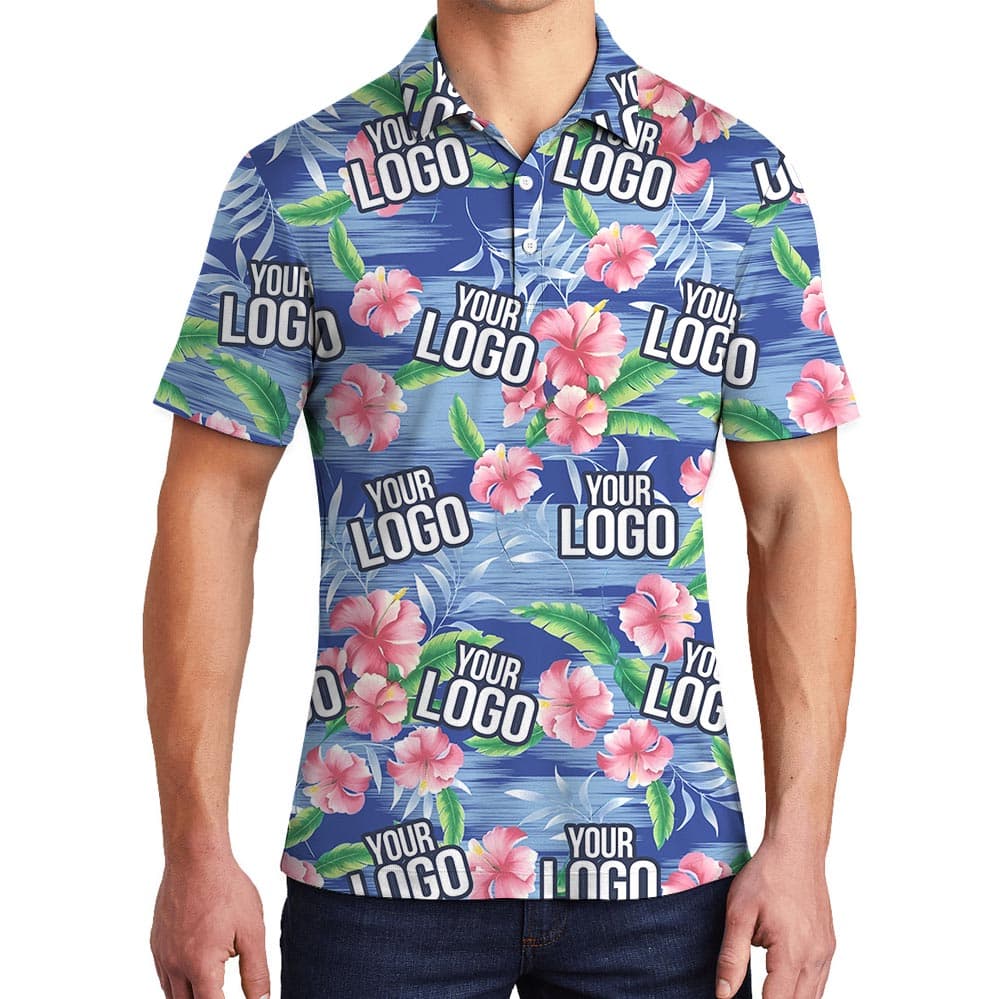 Custom Company Logo Pink Hibiscus Blue Beach Aloha Polo Shirt