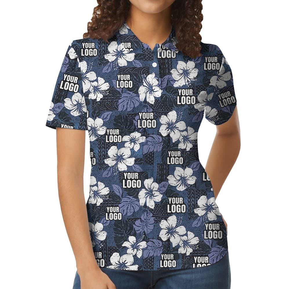 Custom Company Logo Vintage Floral Navy Polo Shirt