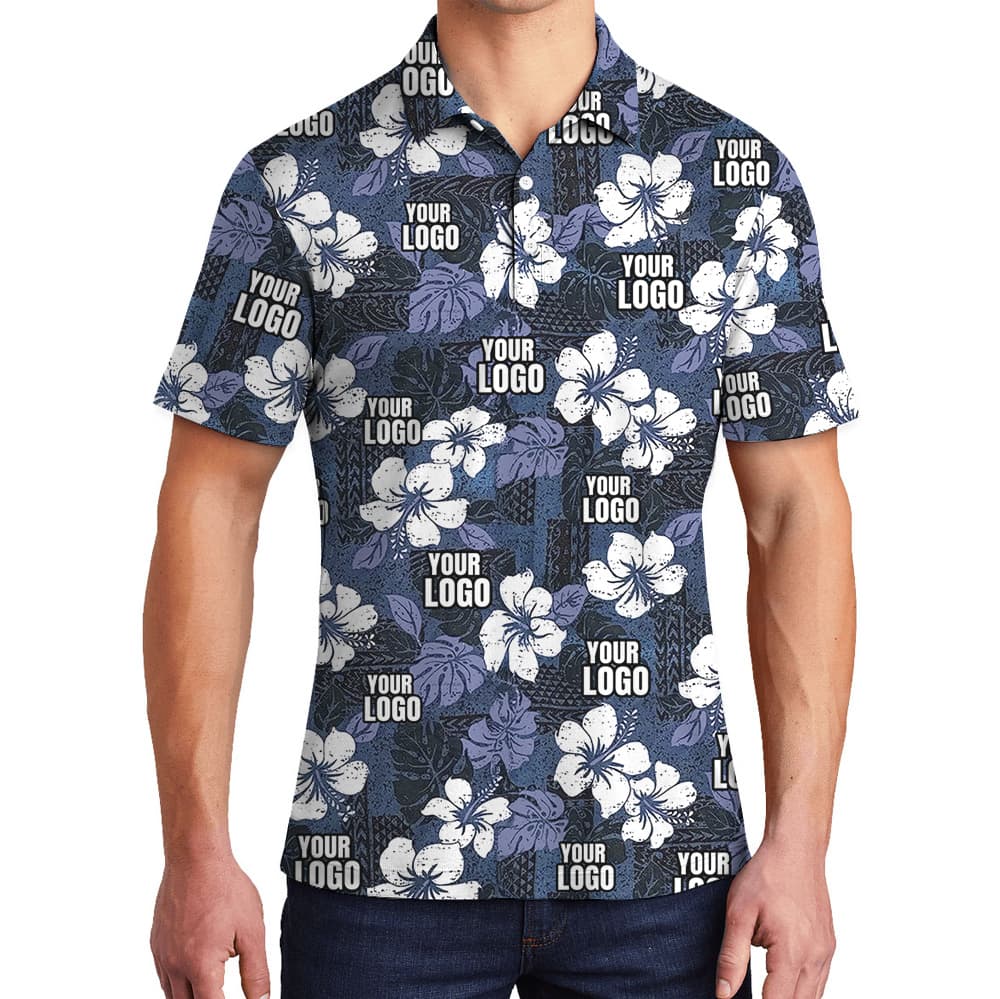 Custom Company Logo Vintage Floral Navy Polo Shirt4