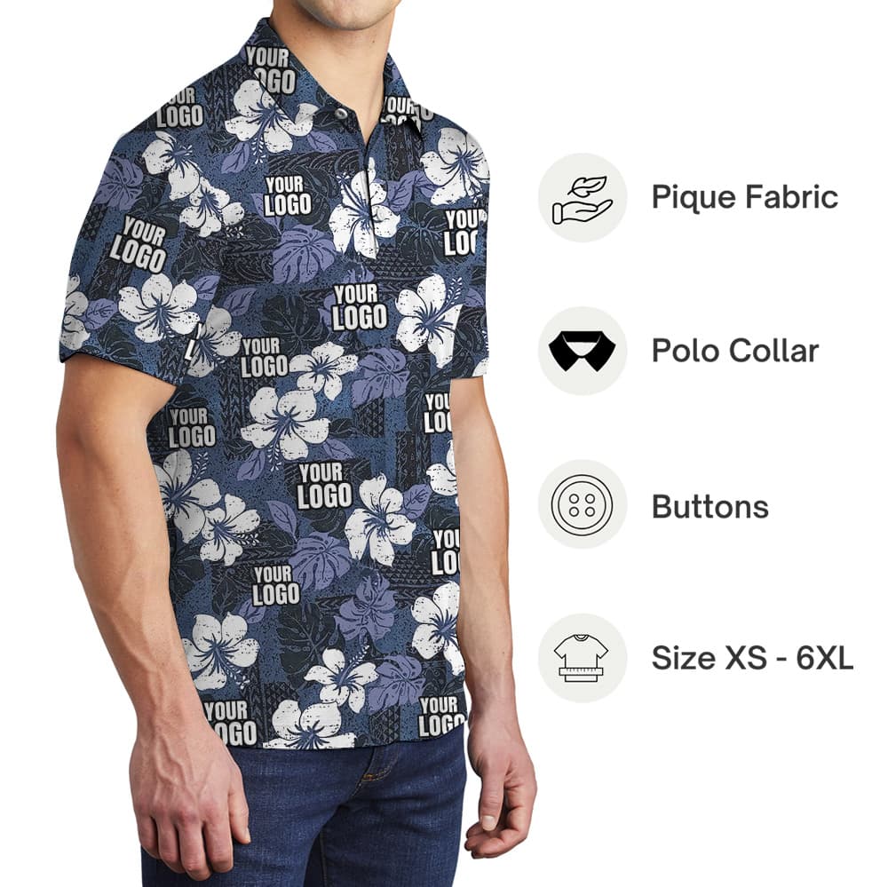Custom Company Logo Vintage Floral Navy Polo Shirt