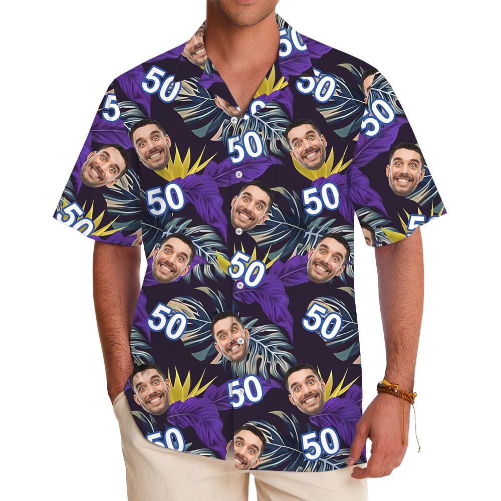 Custom Face And Age Purple Leaves Tropical Shirt (2)