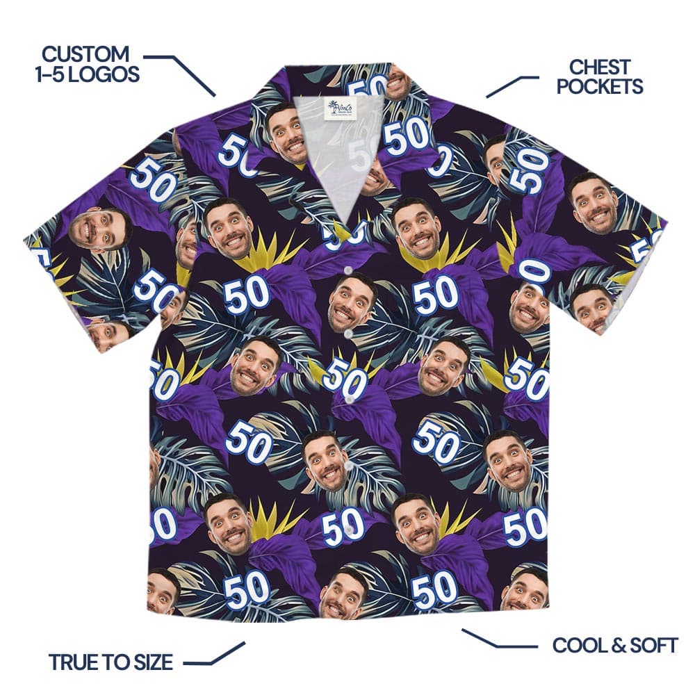 Celebrate Uniqueness with a Custom Face and Age Purple Leaves Tropical Shirt Make your next tropical getaway or birthday bash unforgettable with the Custom Face And Age Purple Leaves Tropical Shirt. This playful and personalized shirt is designed to turn heads and spark conversations, featuring a lush purple leaves print alongside your face and age, printed in stunning detail. Upload Your Photo and Age for a One-of-a-Kind Shirt Take customization to the next level with this custom face Hawaiian shirt that includes both your portrait and age. Simply upload a clear image, enter the age you want featured, and our design team will create a personalized tropical masterpiece that's as fun as it is fashionable. Stylish, Lightweight & Comfortable for Any Occasion Crafted from breathable, wrinkle-resistant polyester, this shirt is perfect for beach parties, birthday trips, and summer holidays. The bold purple foliage print combined with personalized elements gives the Custom Face And Age Purple Leaves Tropical Shirt a unique flair thatโs sure to make you the life of the party. A Memorable Gift Idea Looking for a hilarious birthday gift or a surprise vacation outfit? This custom face and age Hawaiian shirt is an ideal present for friends, family members, or coworkers who love to stand out with humor and style. Easy Customization & Fast Turnaround We make it simple to create your personalized tropical shirt. Upload your face, enter the age, select your size, and weโll handle the rest. Bulk orders available for parties or group celebrations!