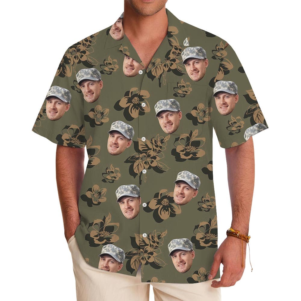 Custom Face Camouflage Olive Green Hawaiian Shirt For Men