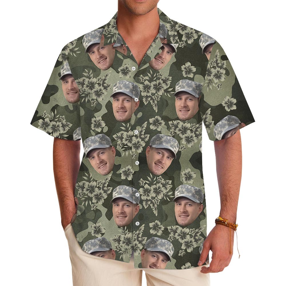 Custom Face Hibiscus Camouflage Frogskin Hawaiian Shirt