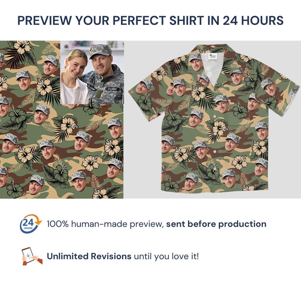 Custom Face Hibiscus Camouflage Military Aloha Shirt