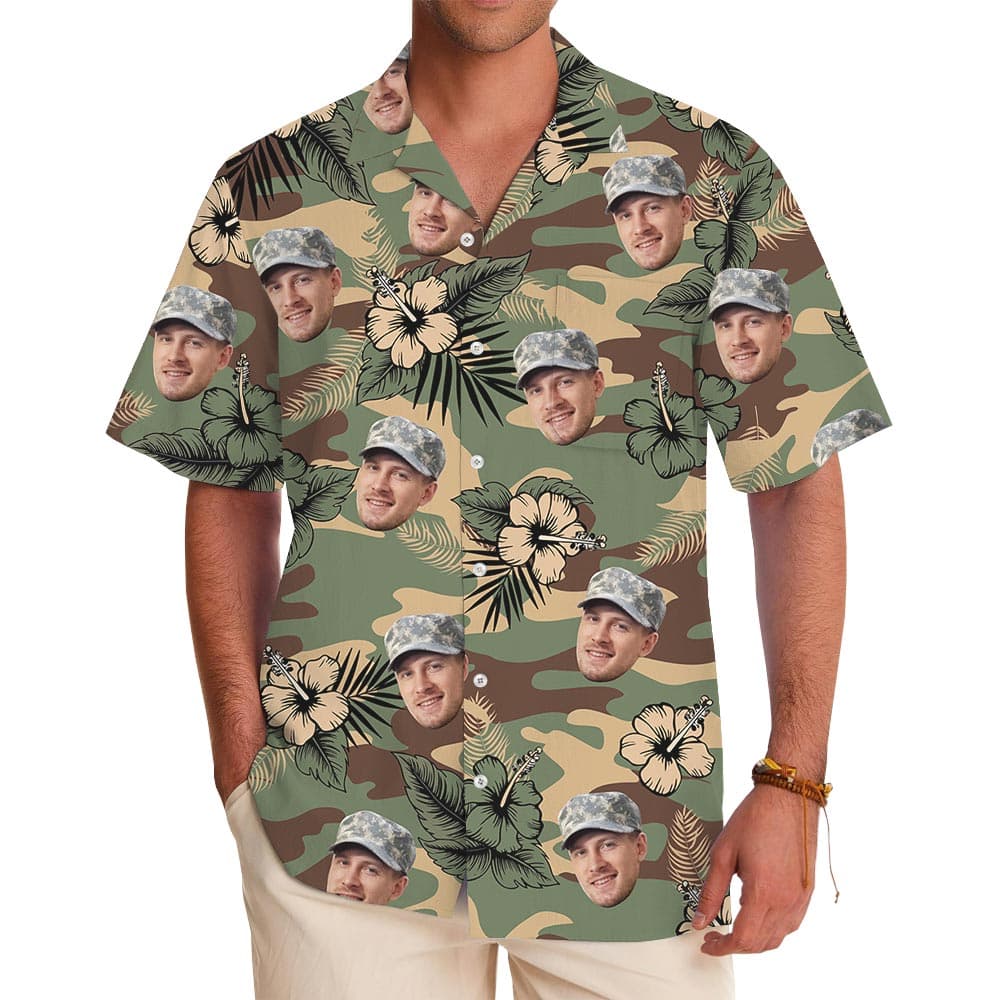 Custom Face Hibiscus Camouflage Military Aloha Shirt