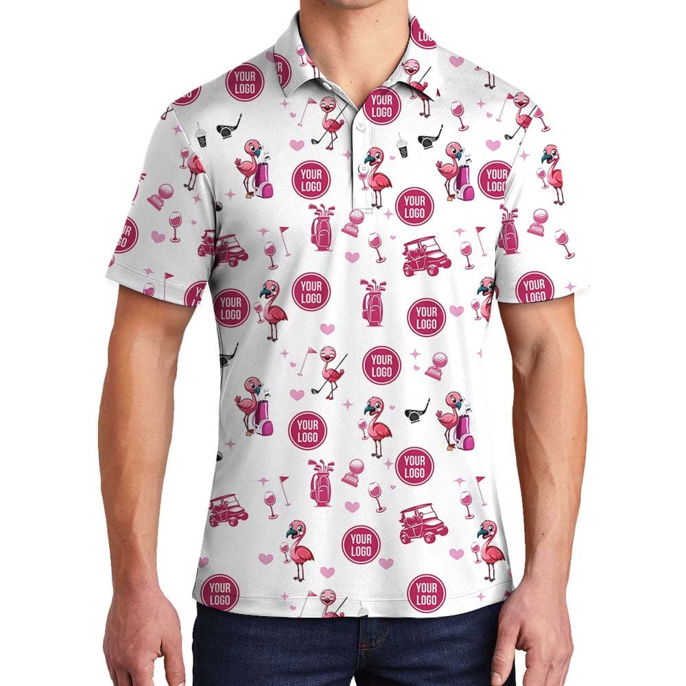 Custom Golf Team Collared Polo Shirt With Flamingo Print