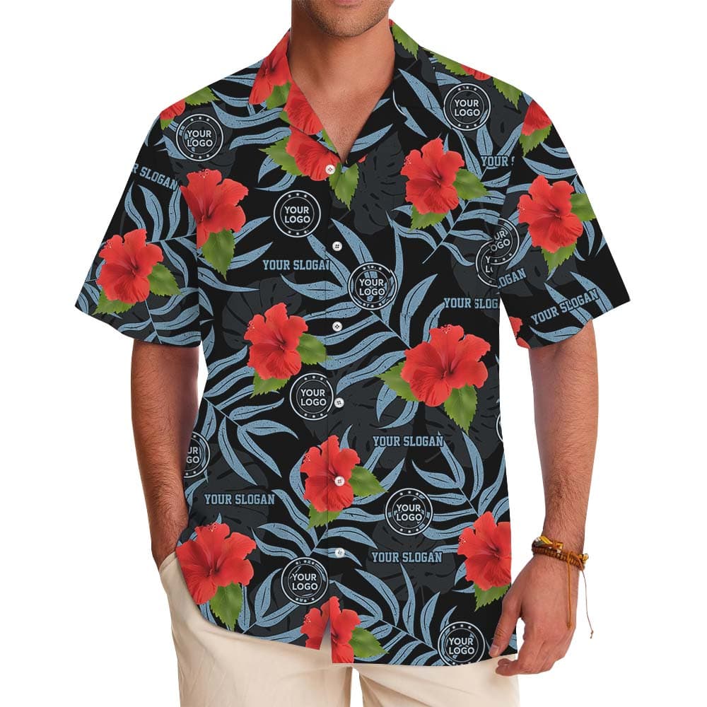 Custom Logo And Slogan Floral Black Hawaiian Shirt