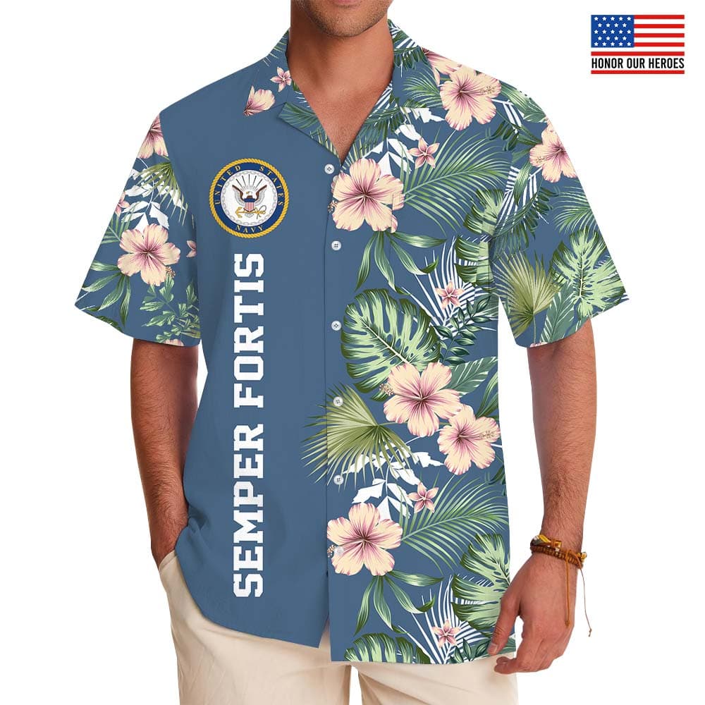 Custom Logo And Slogan Navy Military Hawaiian Shirt