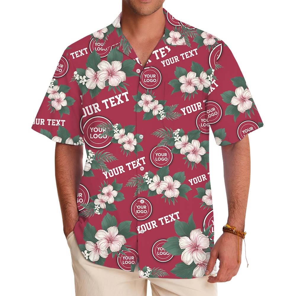 Custom Logo And Text Red Floral Hawaiian Shirt