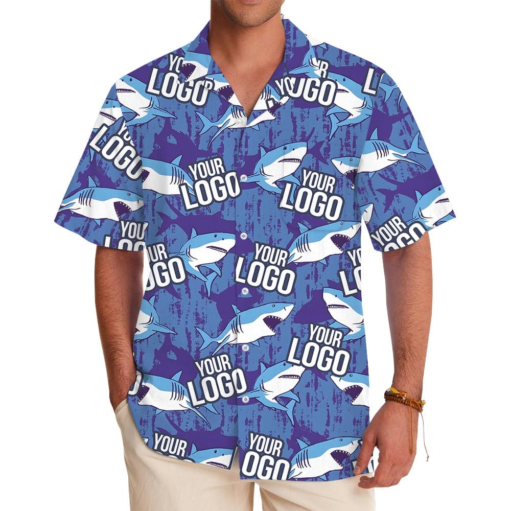 Custom Logo Blue Ocean Shark Hawaiian Shirt